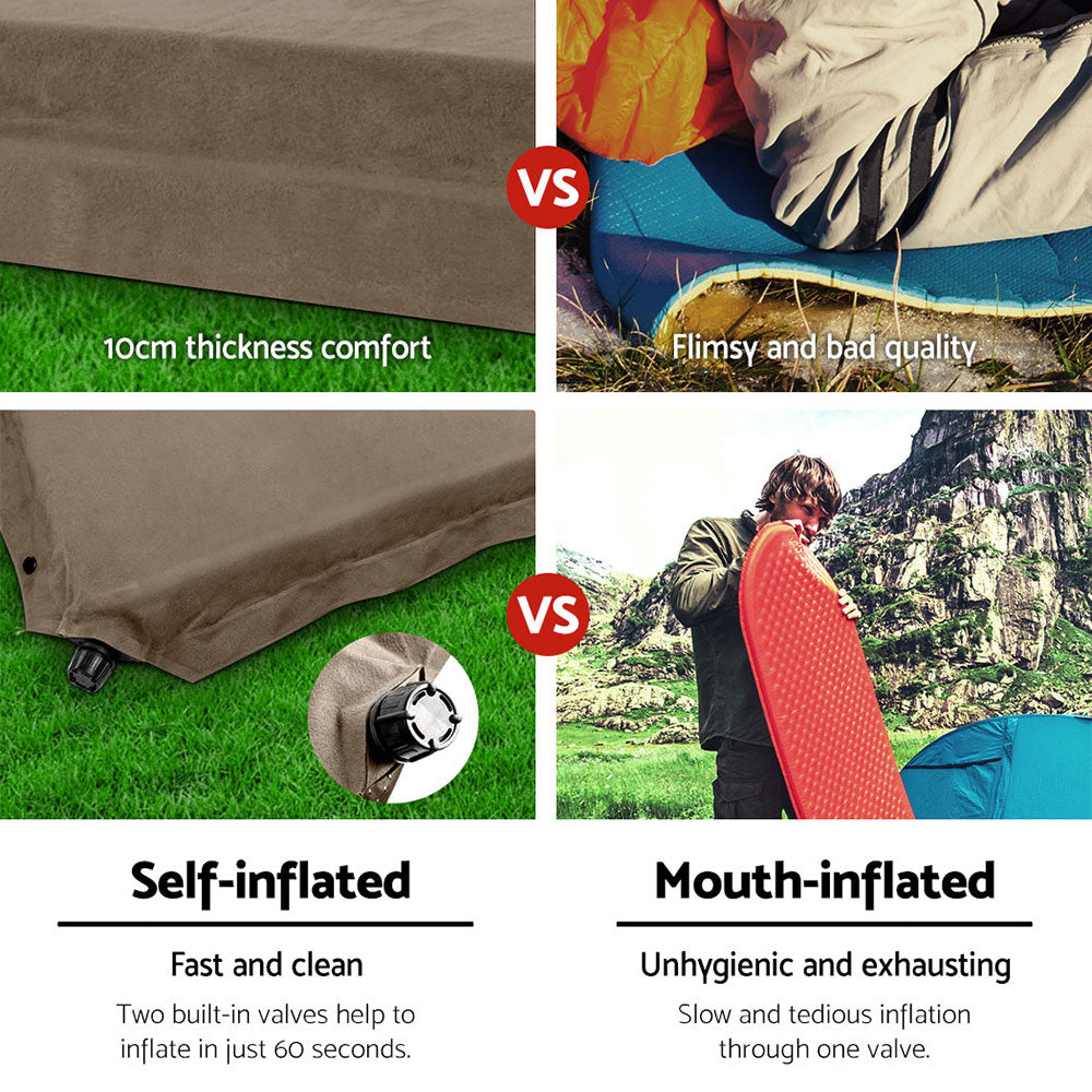 Weisshorn Double Size Self Inflating Mattress Mat 10CM Thick Coffee