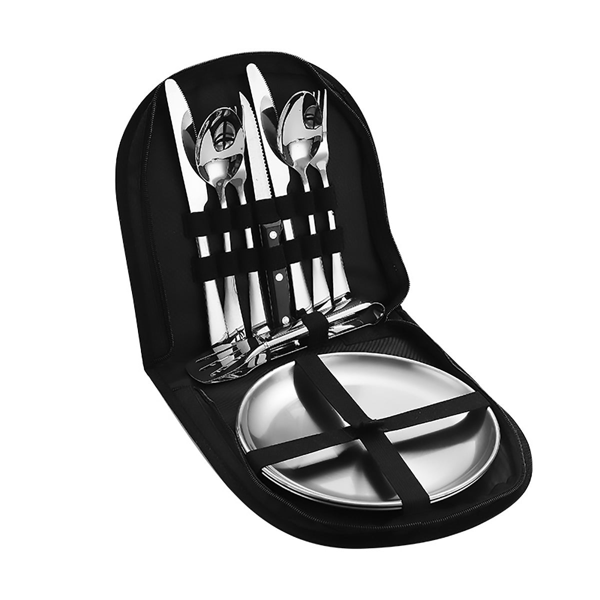 10PCS Camping Cutlery Set Outdoor Picnic Utensils Plates Spoons Forks Knives - Black-2 People