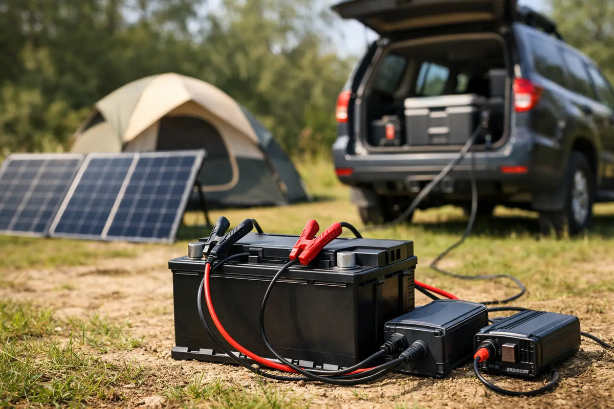 Camping battery connected to a compatible charger