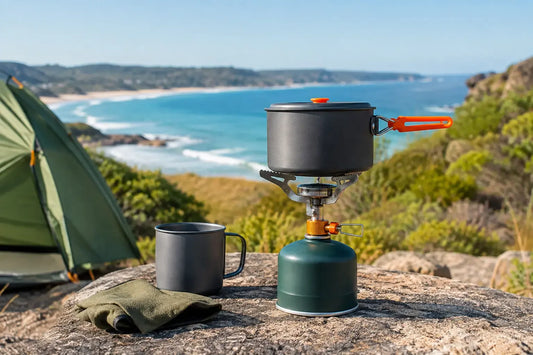 Portable camping stove set up outdoors for camp cooking