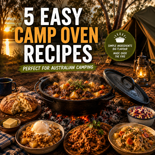 Camp oven stew cooking over hot coals at sunset beside a campsite in Australia, promoting easy camp oven recipes for camping trips.