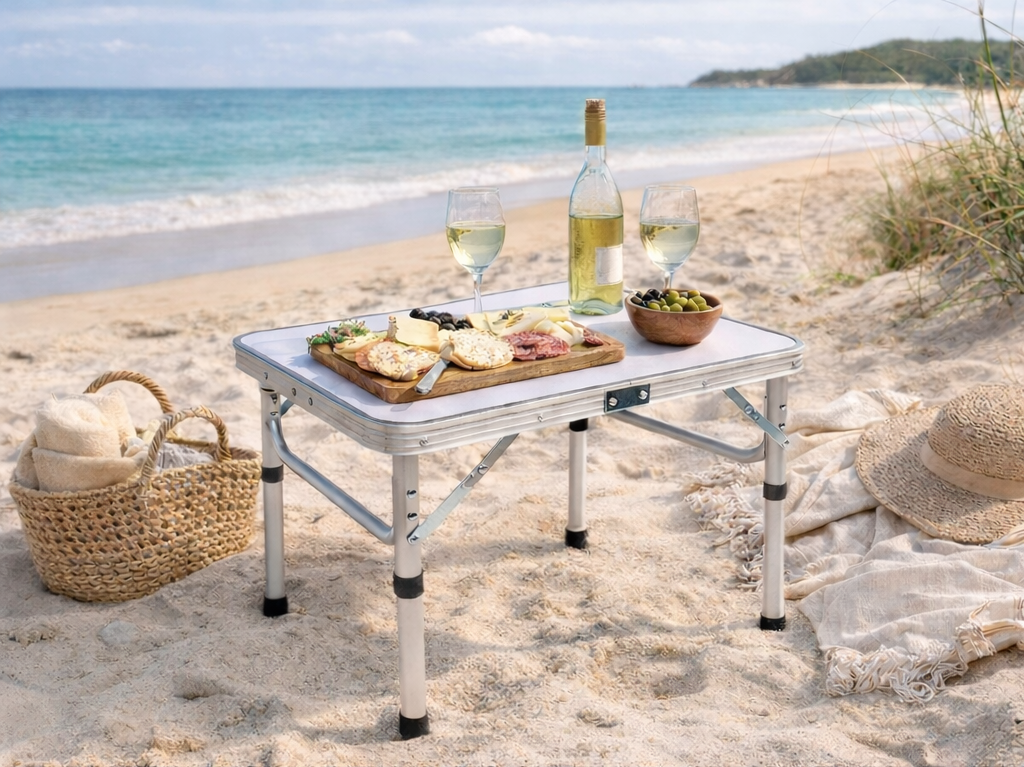 60cm folding camping table setup for two people at beach picnic