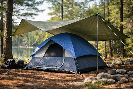 Tarp pitched over a camping tent for shade and rain cover