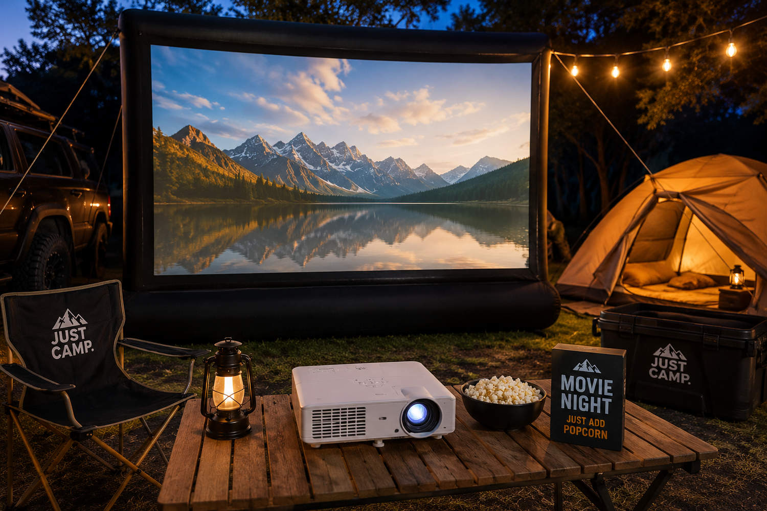 Outdoor projector screen and projector setup at a campsite with movie night gear, tents and camping lights under the stars.