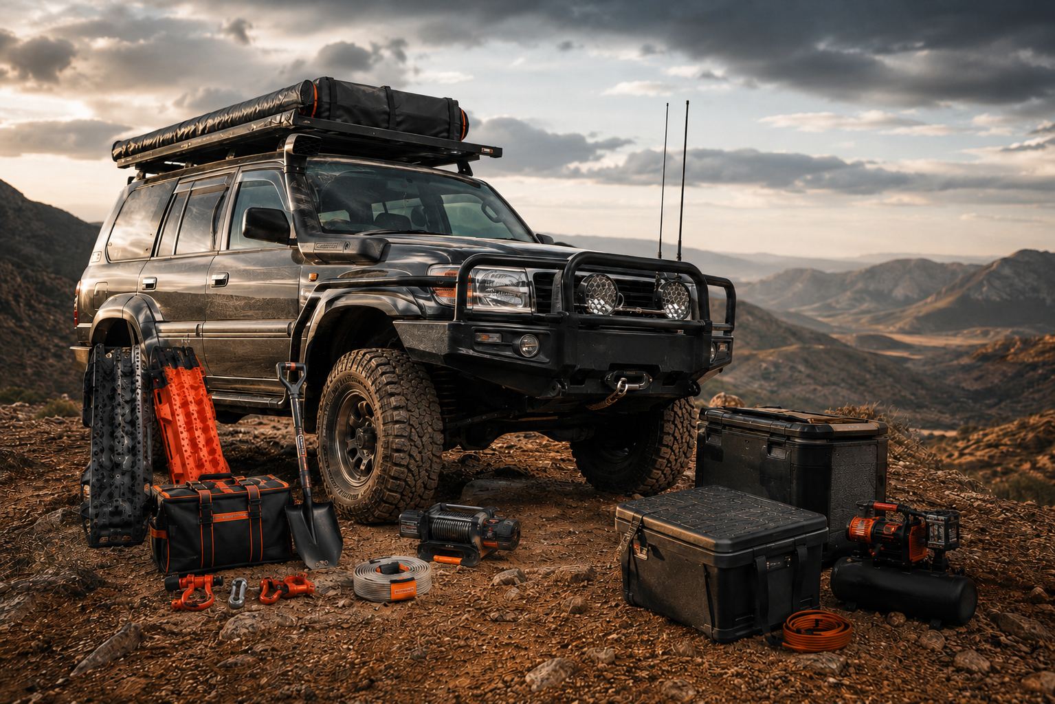 4WD overlanding setup with recovery tracks, storage cases, winch and off-road camping gear in the Australian mountains