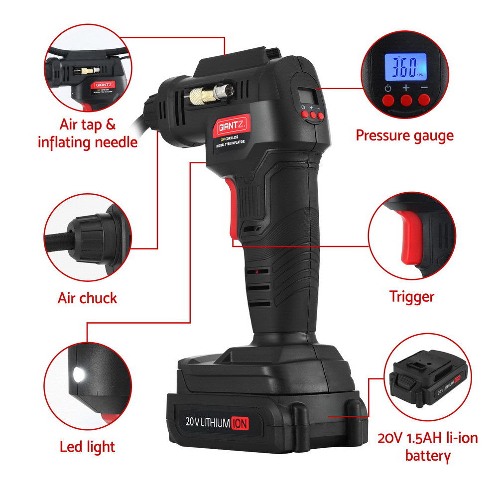 Digital cordless tyre inflator for bikes cars and inflatables
