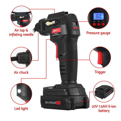 Digital cordless tyre inflator for bikes cars and inflatables