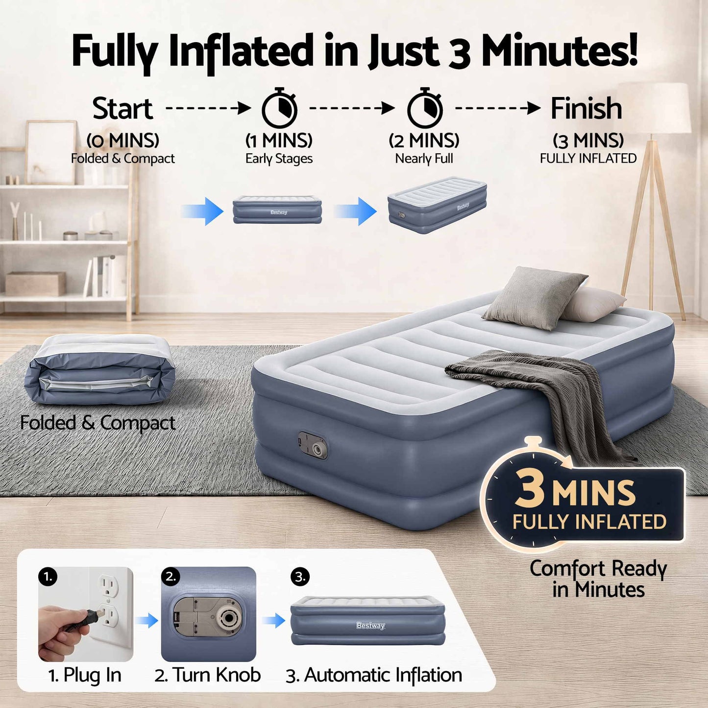 Bestway Single Air Bed – 51cm Raised with Built-In Pump