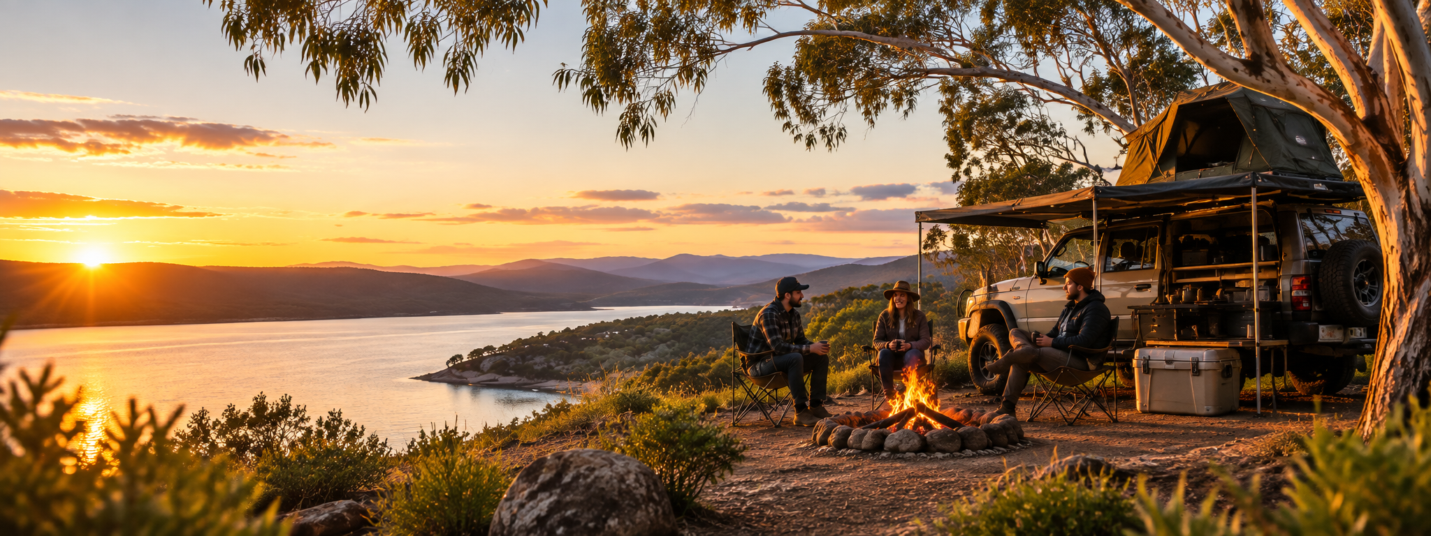 Australian bush campsite at sunset with friends around a campfire, a 4WD and rooftop tent overlooking a lake