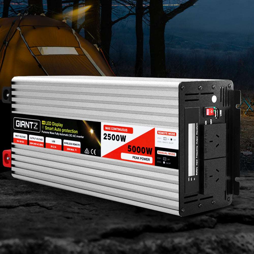 Giantz Power Inverter 12V to 240V 2500W/5000W Pure Sine Wave Camping Car Boat - Just Camp | Best Value Outdoor & Camping Store in Australia