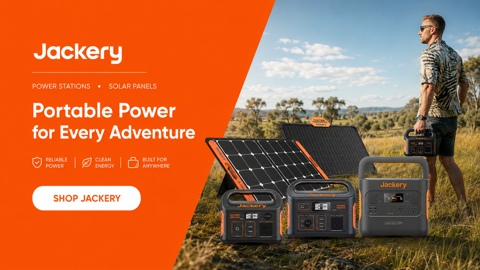 Jackery portable power stations and a solar panel set displayed outdoors in a grassy landscape, with a man carrying one of the power stations in the background. The left side features a bright orange graphic panel with the Jackery brand name, tagline 'Portable Power for Every Adventure,' and a 'SHOP JACKERY' button.