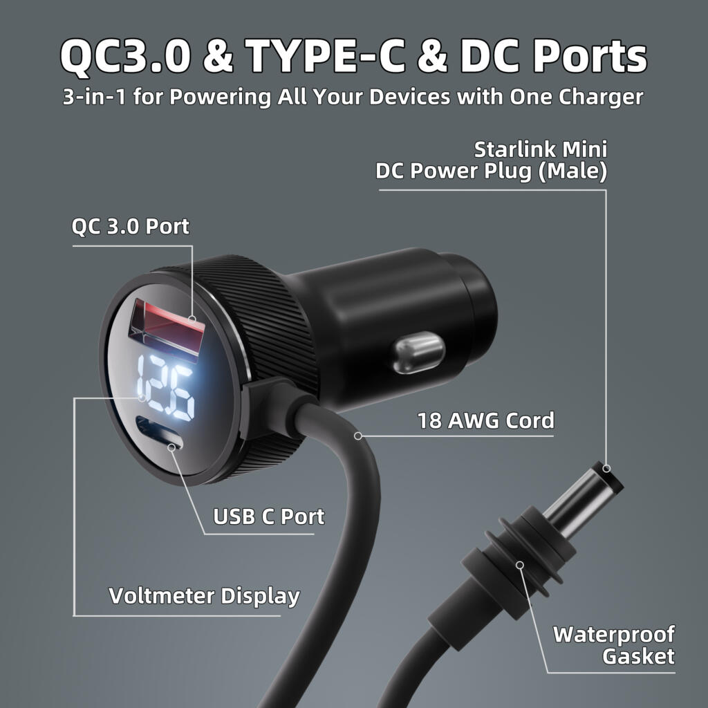 Outcamp Car Charger for Starlink Mini with Dual USB and Voltmeter