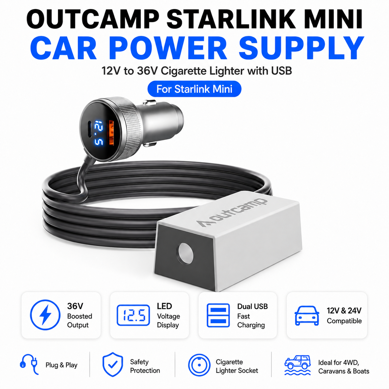 Outcamp 12V/24V Car Power Supply for Starlink Mini