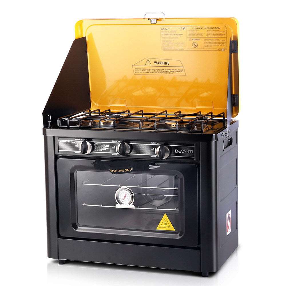 Devanti 3 Burner Portable Oven - Black & Yellow - Just Camp | Best Value Outdoor & Camping Store in Australia