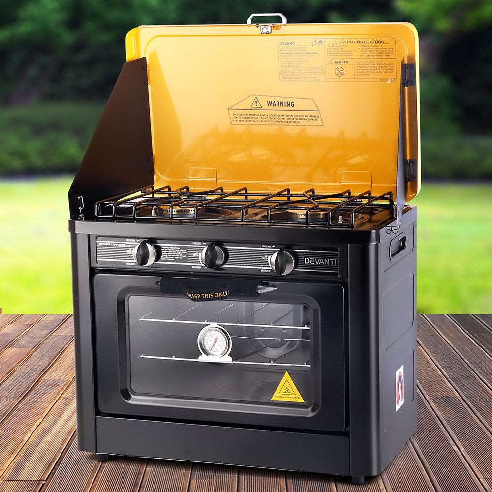 Devanti 3 Burner Portable Oven - Black & Yellow - Just Camp | Best Value Outdoor & Camping Store in Australia