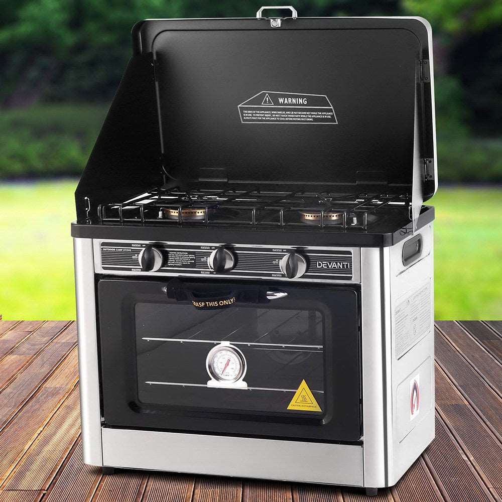 Devanti 3 Burner Portable Oven - Silver & Black - Just Camp | Best Value Outdoor & Camping Store in Australia