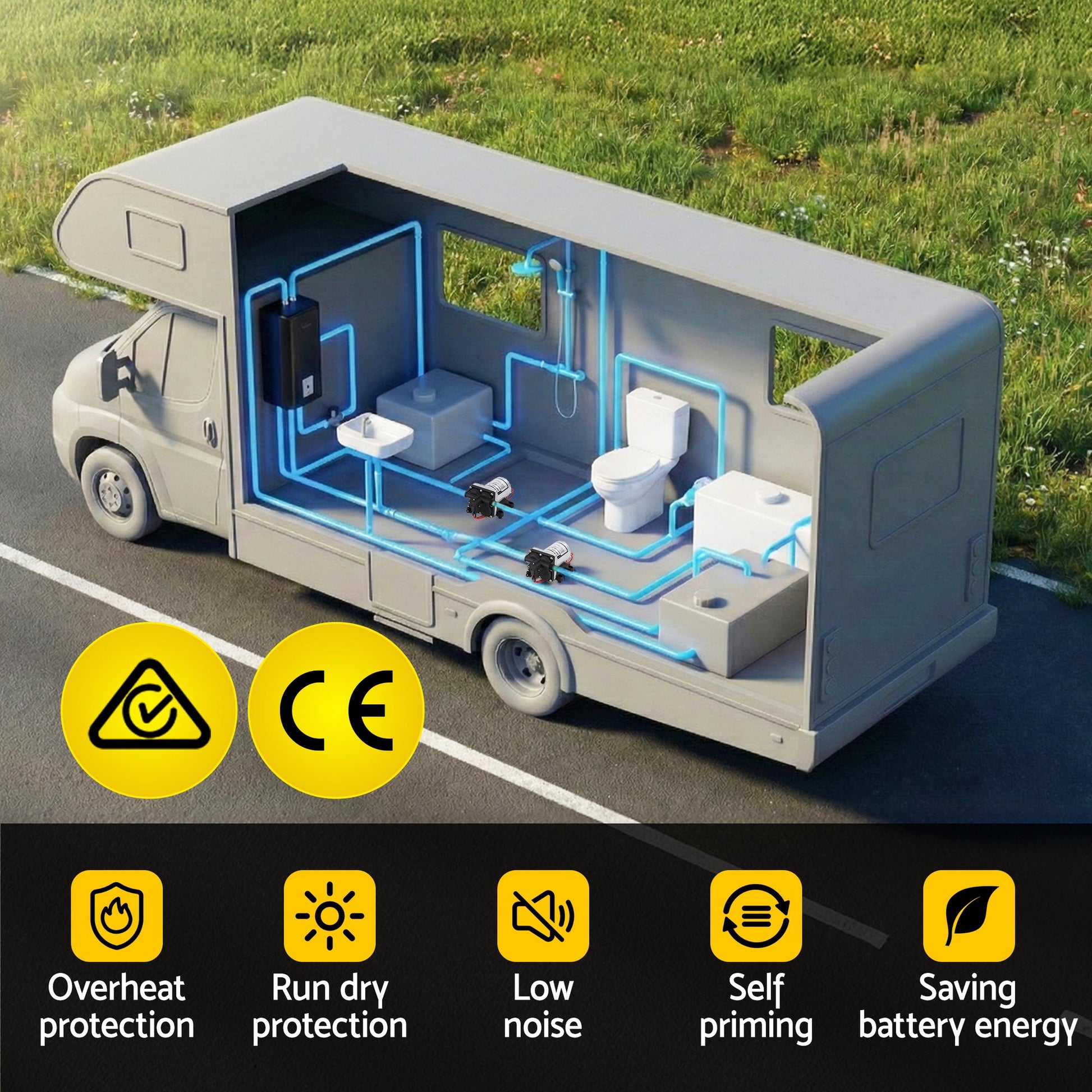 Portable 12V caravan water pressure pump with fittings