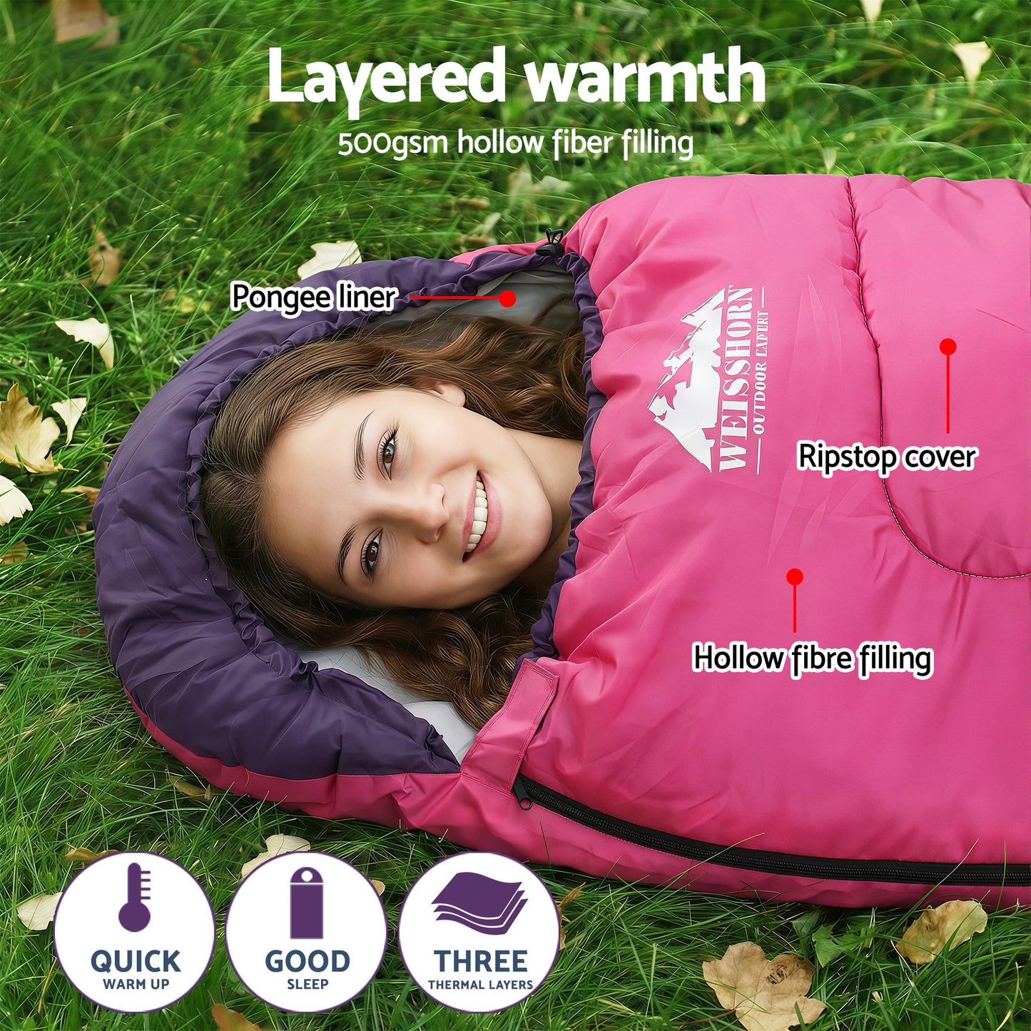 Weisshorn Sleeping Bag Single 213cm Thermal Camping Hiking Pink