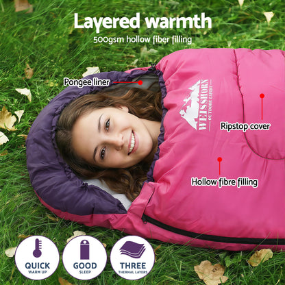 Weisshorn Sleeping Bag Single 213cm Thermal Camping Hiking Pink