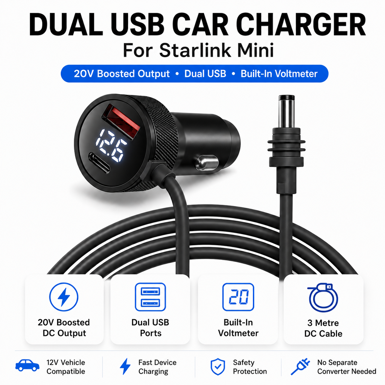 Outcamp Car Charger for Starlink Mini with Dual USB and Voltmeter