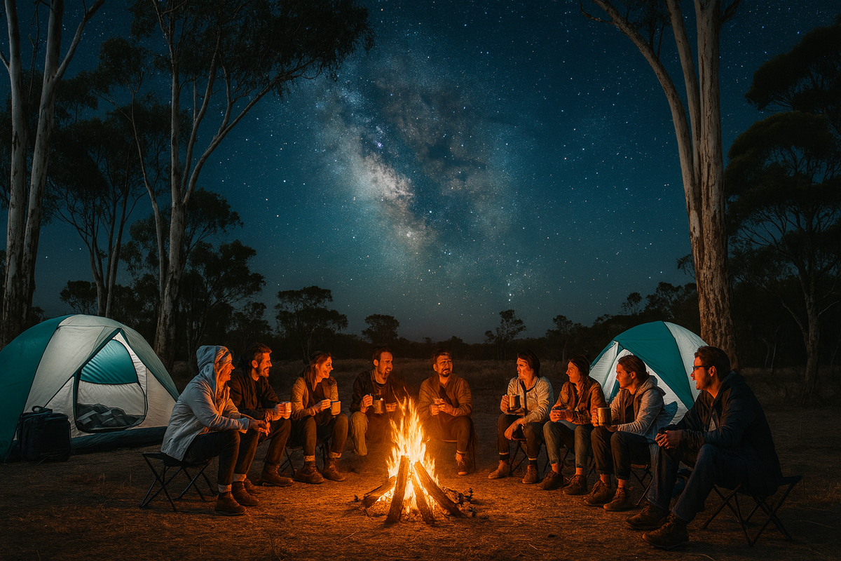 Group of people sitting around a campfire under a starry night sky with tents in the background.
