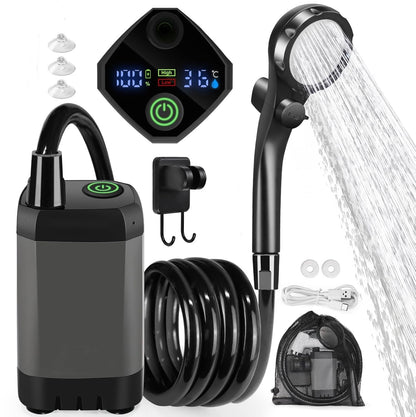 Portable Shower Pump with Rechargeable 6000mAh Battery - Outdoor Shower IPX7 Waterproof - With Temperature Display - Suitable for Camping, Car Washing and Pet Washing (Gray)