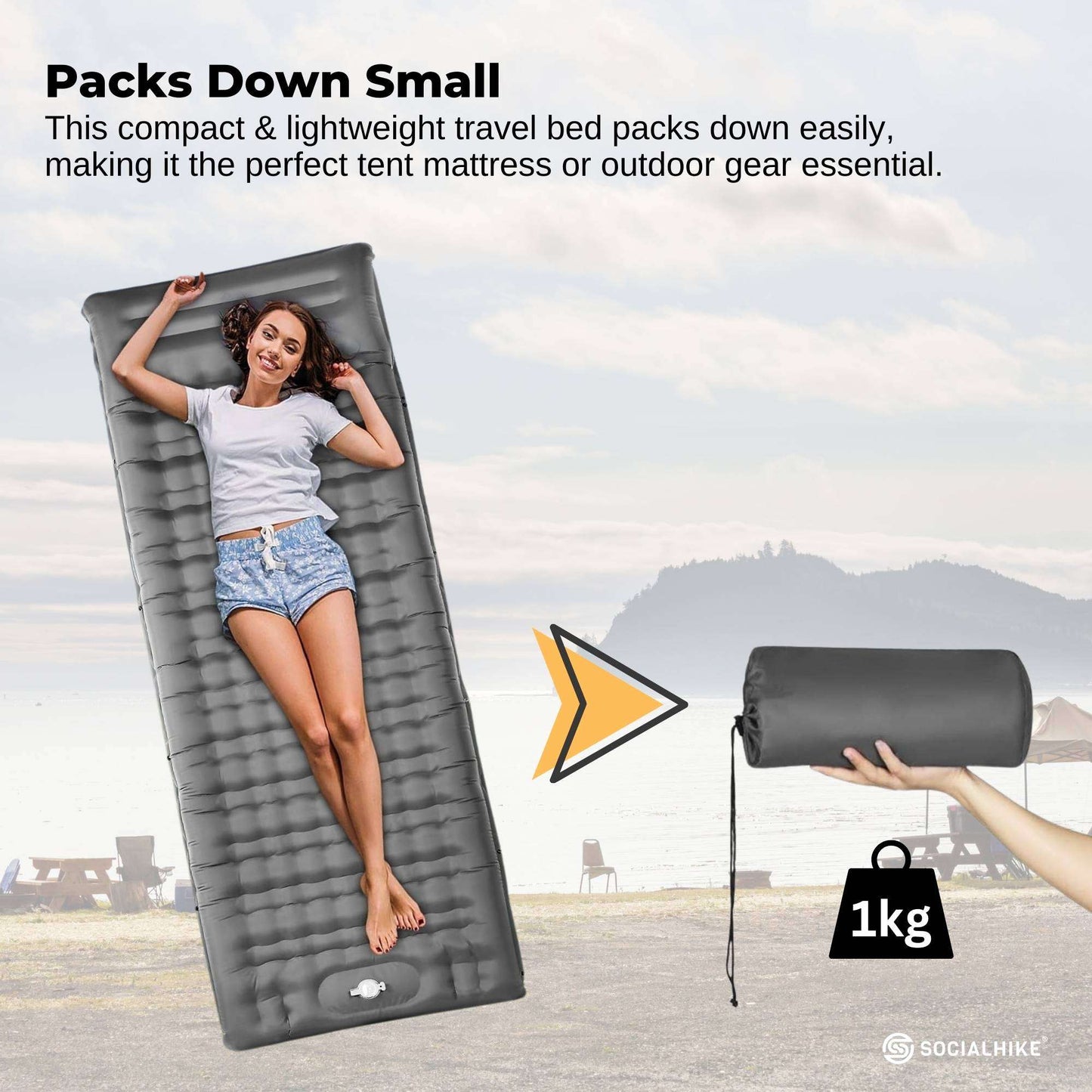 Social Hike Step-Inflating Camping Mattress Lightweight Waterproof Sleeping Grey