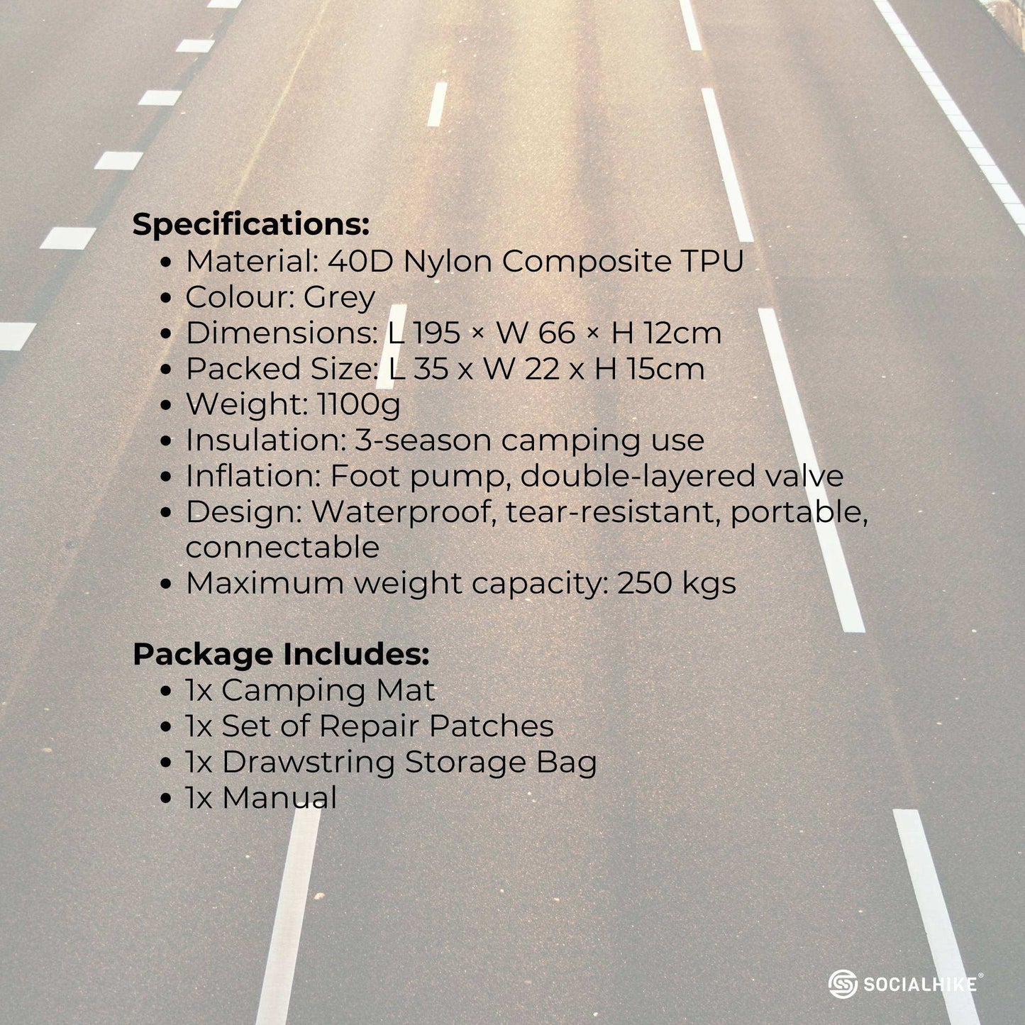 Social Hike Step-Inflating Camping Mattress Lightweight Waterproof Sleeping Grey