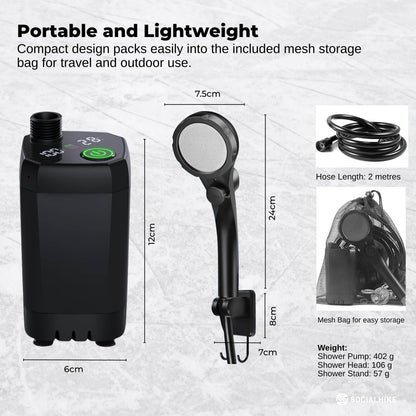 Social Hike Portable Camping Shower Kit - 6000MAh Outdoor Rechargeable Pump LED
