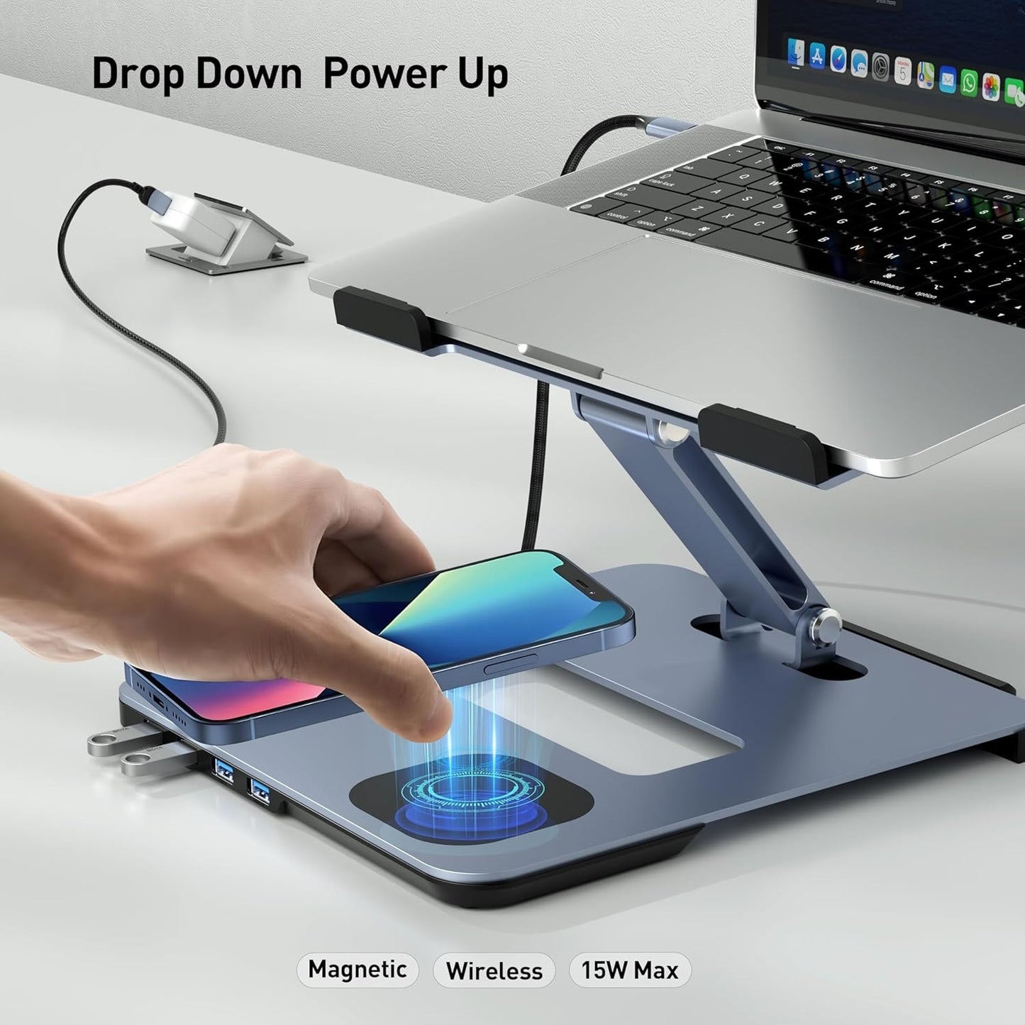 BENFEI 000366GY Laptop Stand with USB C Hub, Multi Function With USB and KVM Switch and 15W Wireless Charger