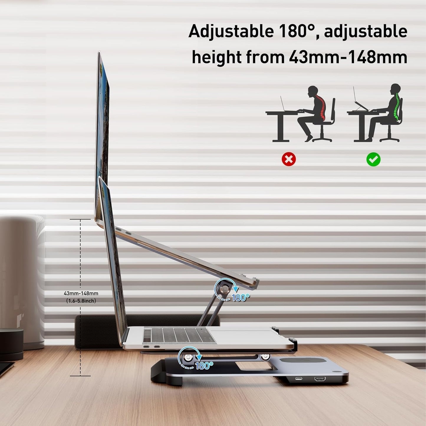 BENFEI 000366GY Laptop Stand with USB C Hub, Multi Function With USB and KVM Switch and 15W Wireless Charger