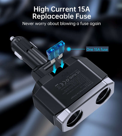 CHOETECH TC0020 45W 2 Sockets + 2x USB-C + 1x USB-A Cigarette Lighter Splitter