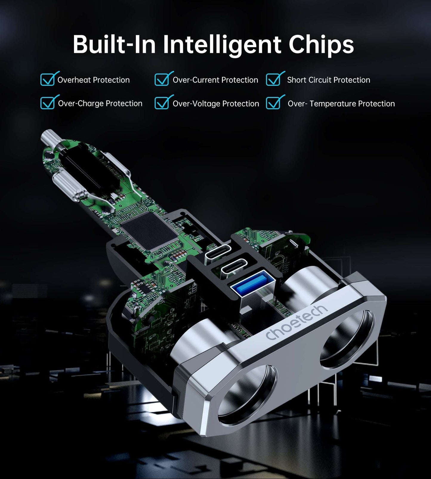 CHOETECH TC0020 45W 2 Sockets + 2x USB-C + 1x USB-A Cigarette Lighter Splitter