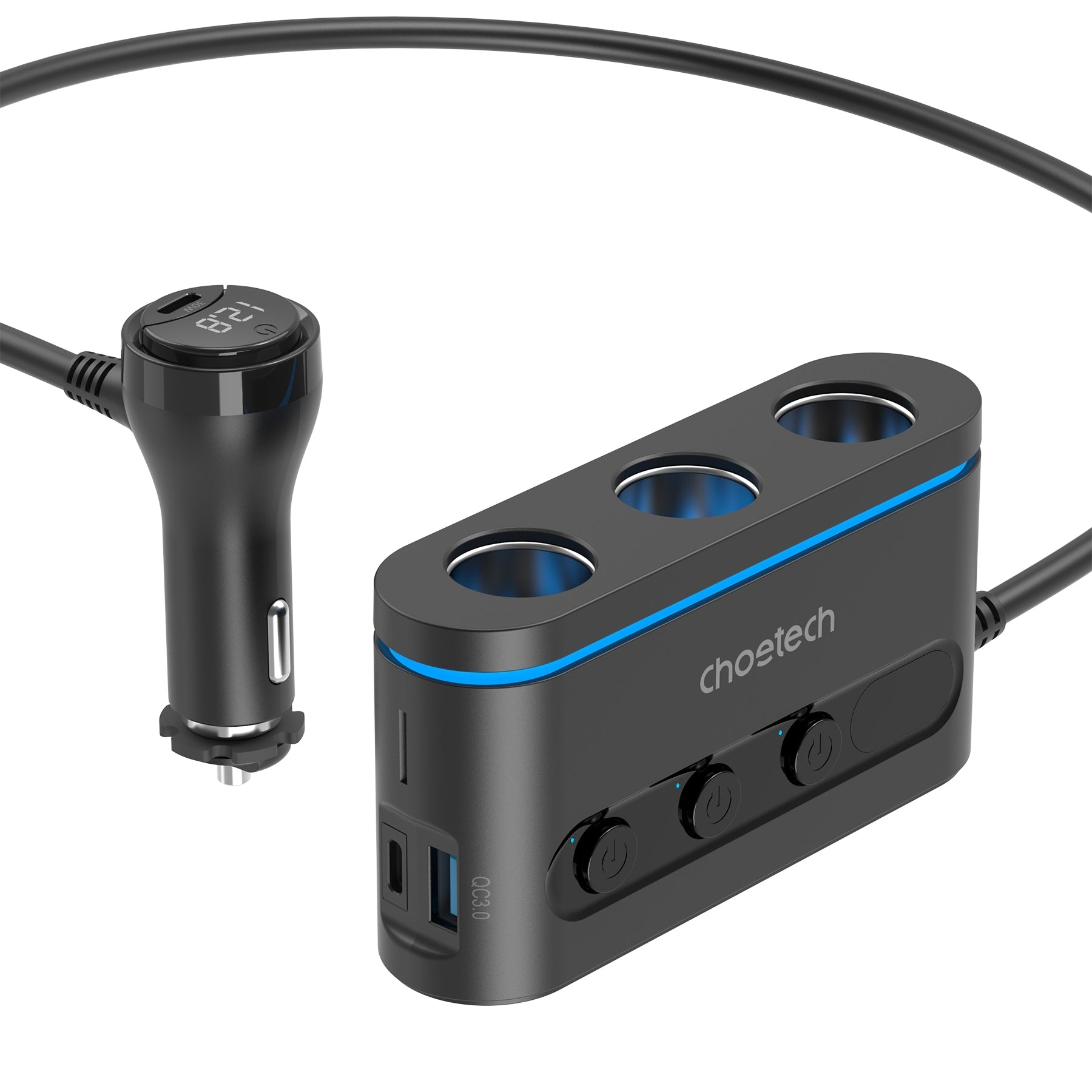 CHOETECH TC0021 3 Sockets 2C+1A Cigarette Lighter Splitter Black