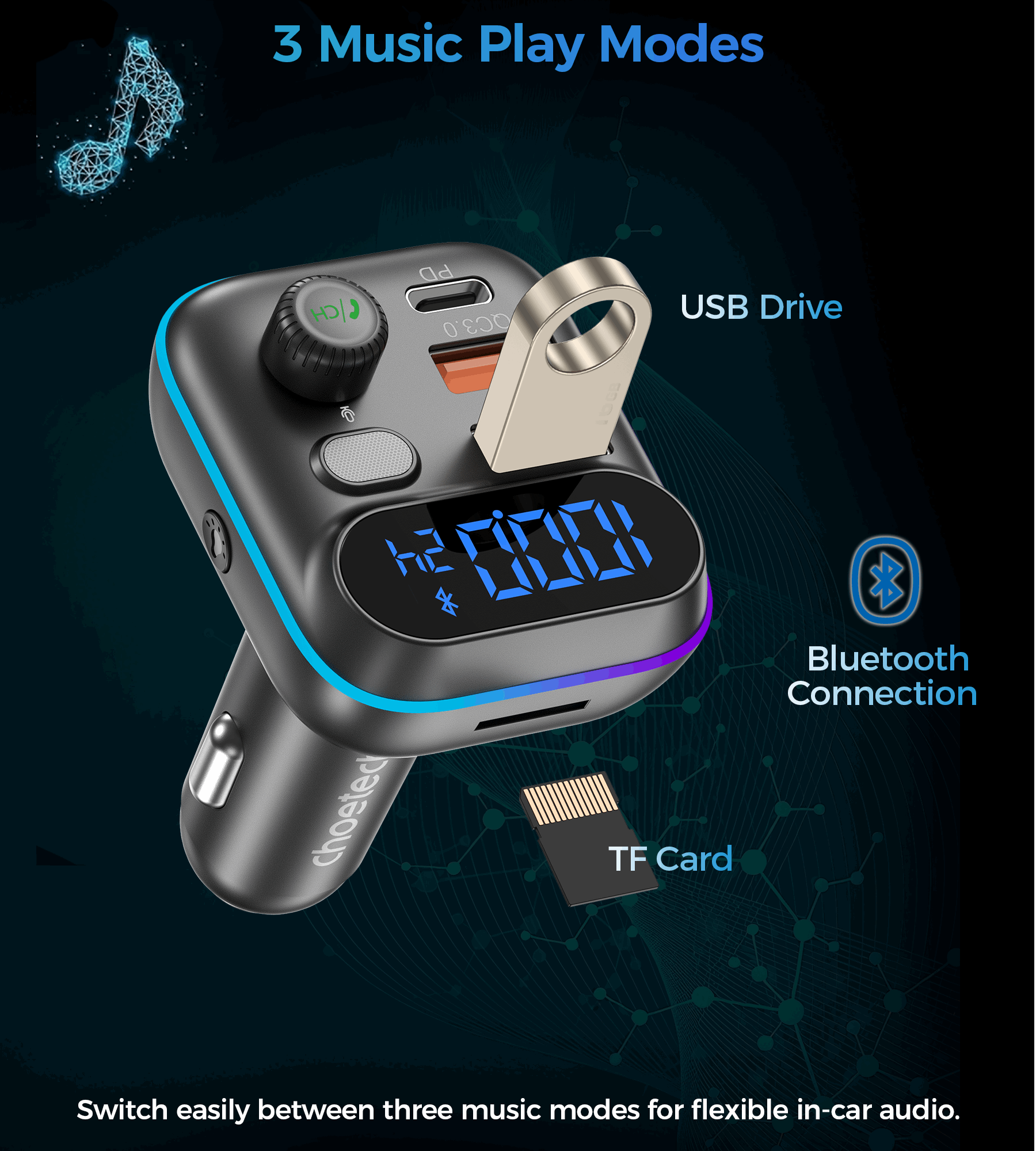 Choetech TC0050 PD36W Bluetooth FM Car Transmitter Charger
