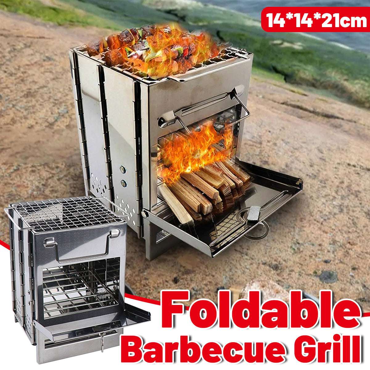 Outdoor Camping Mini Folding Wood Burning Stove Picnic Stainless Steel BBQ Grill