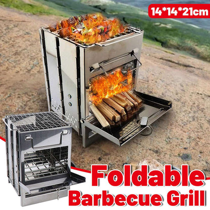 Outdoor Camping Mini Folding Wood Burning Stove Picnic Stainless Steel BBQ Grill