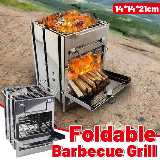 Outdoor Camping Mini Folding Wood Burning Stove Picnic Stainless Steel BBQ Grill
