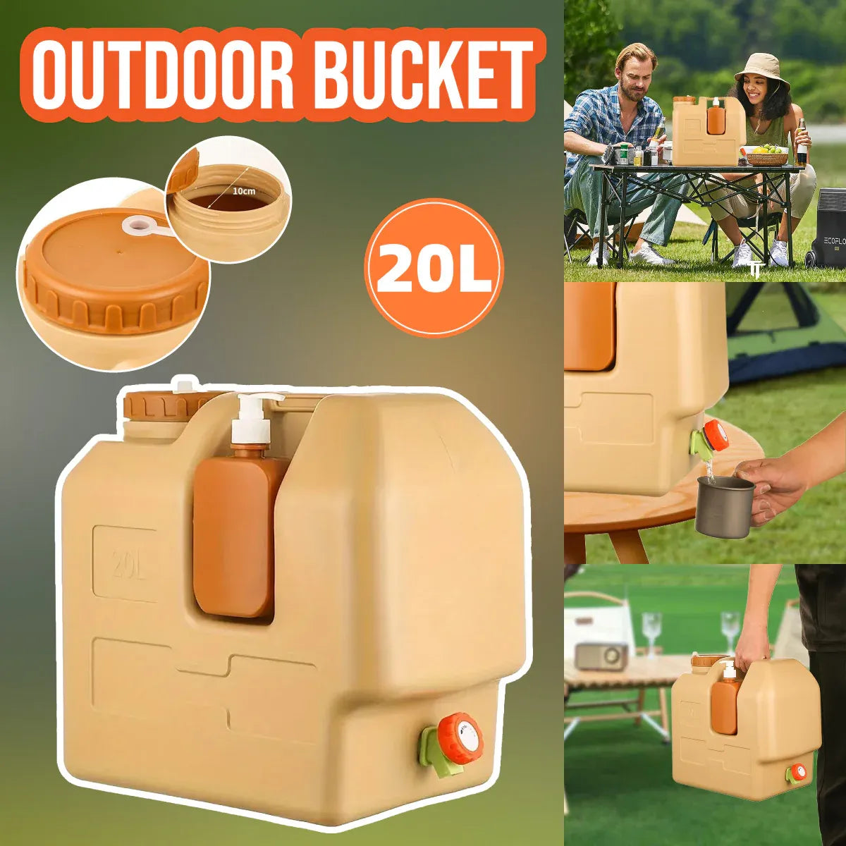 20L Camping Water Container with Tap - Beige