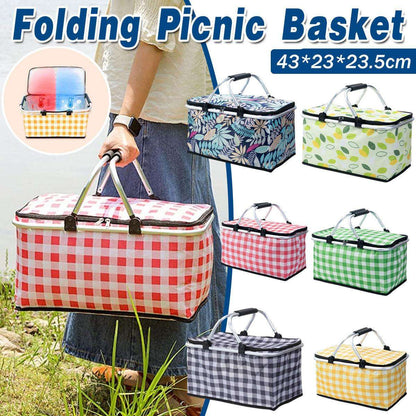 Foldable Picnic Basket Outdoor Camping Carrying Basket Portable Food Storage - Green