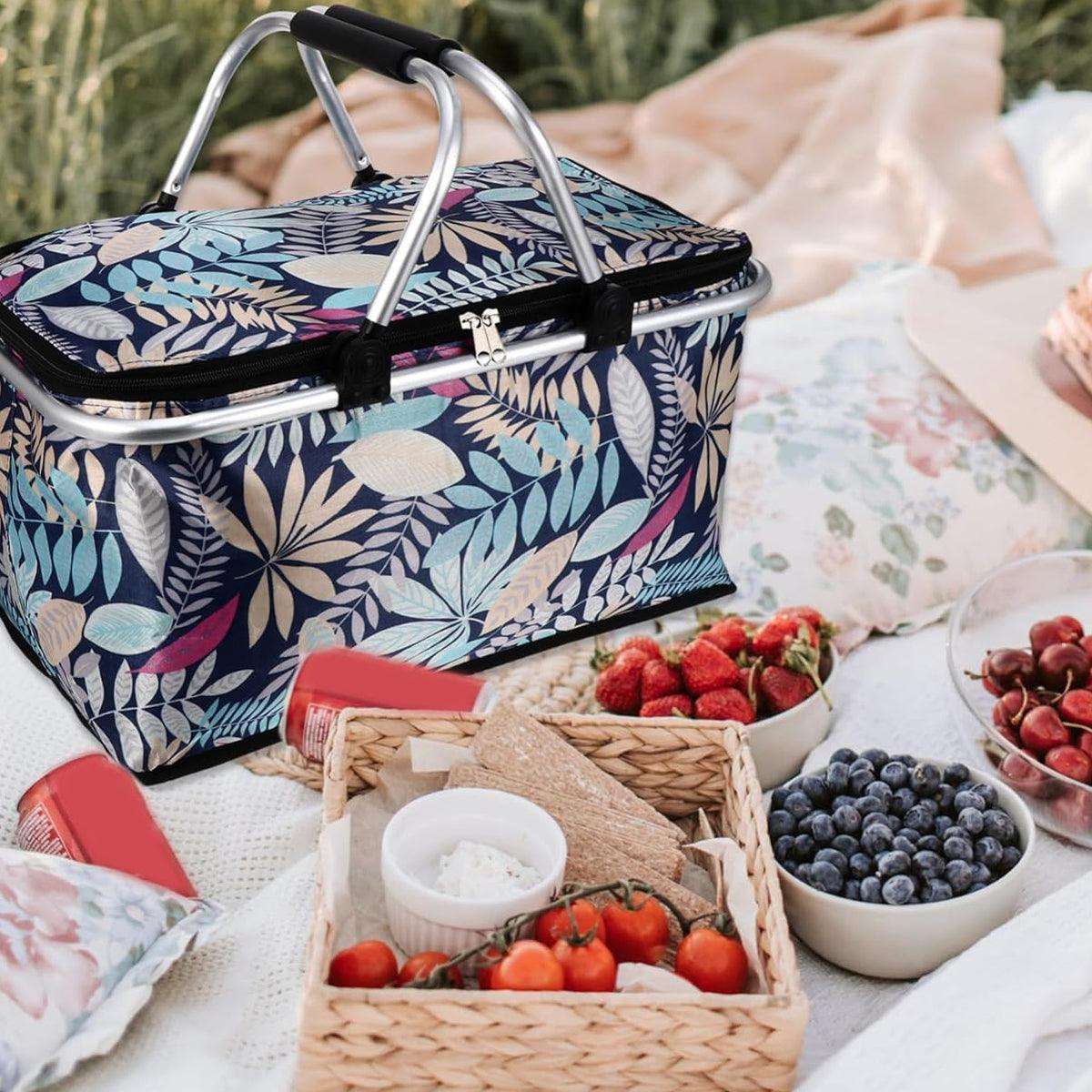 Foldable Picnic Basket Outdoor Camping Carrying Basket Portable Food Storage - Green