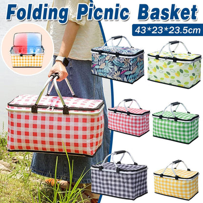 Foldable Picnic Basket Outdoor Camping Carrying Basket Portable Food Storage - Greenery