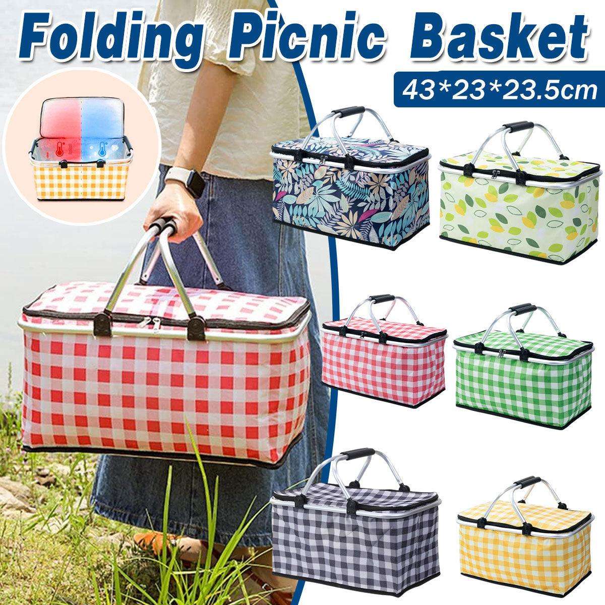 Foldable Picnic Basket Outdoor Camping Carrying Basket Portable Food Storage - Navy