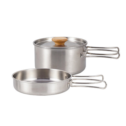 2PCS 304 Stainless Steel Camping Pot and Pan Set With Folding Handles Outdoor