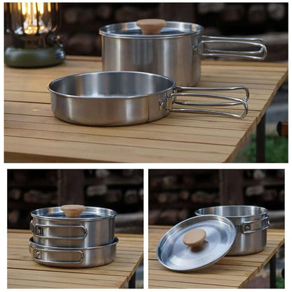 2PCS 304 Stainless Steel Camping Pot and Pan Set With Folding Handles Outdoor