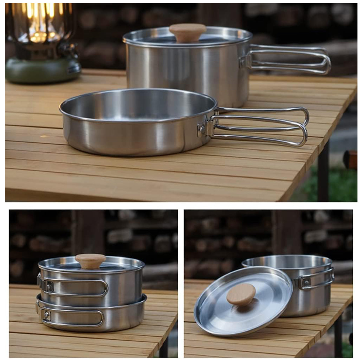 2PCS 304 Stainless Steel Camping Pot and Pan Set With Folding Handles Outdoor