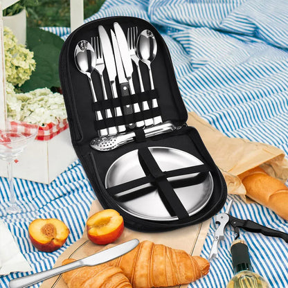 10 Piece Camping Cutlery Set for 2 People - Black