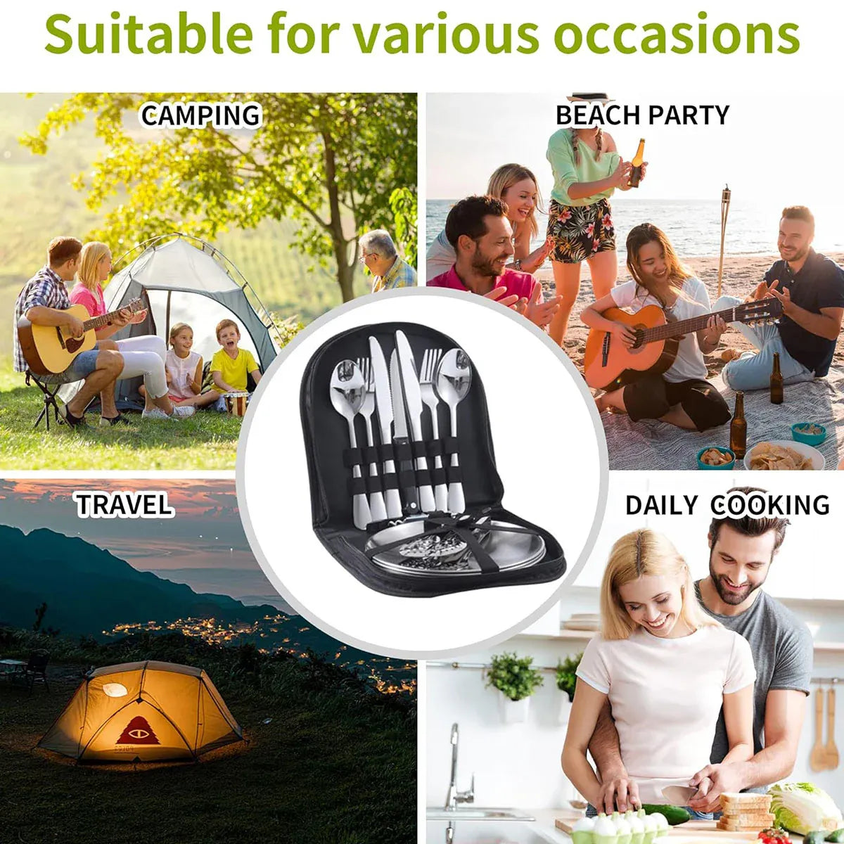 10 Piece Camping Cutlery Set for 2 People - Black