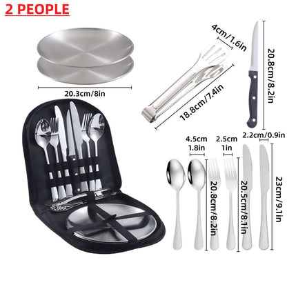 10PCS Camping Cutlery Set Outdoor Picnic Utensils Plates Spoons Forks Knives - Black-2 People
