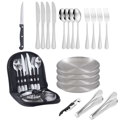 10PCS Camping Cutlery Set Outdoor Picnic Utensils Plates Spoons Forks Knives - Black-2 People